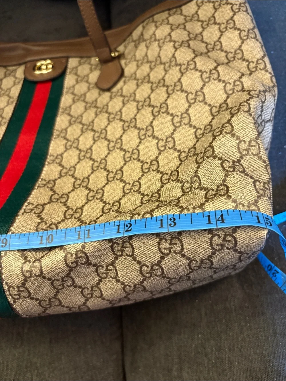 Gucci Beige GG Supreme Canvas Tote with Brown Trim and Green-Red Stripe